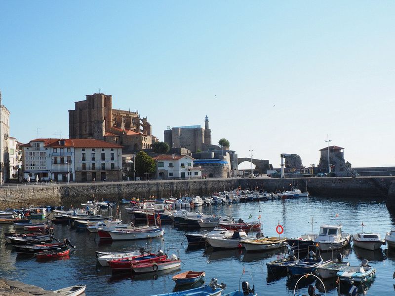 Looking back at the church and castle past the boar harbor