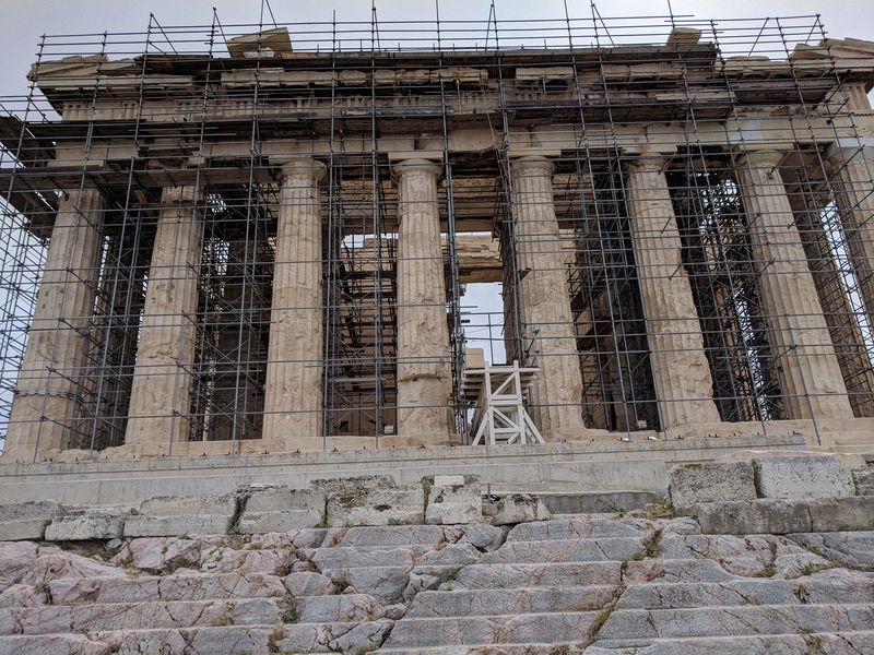 The Parthenon is covered in scaffolding