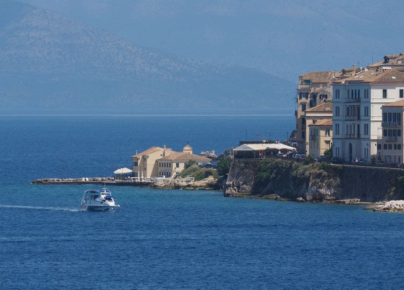 A fast ferry goes past Faliraki