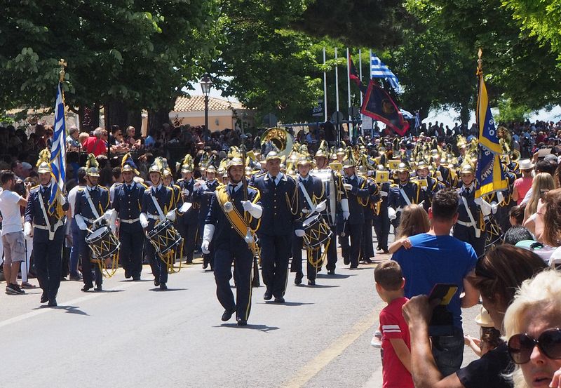 A marching band in blue