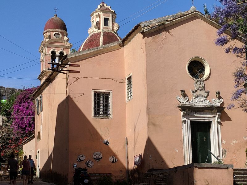 An old church (but with painted black and white bumblebees)