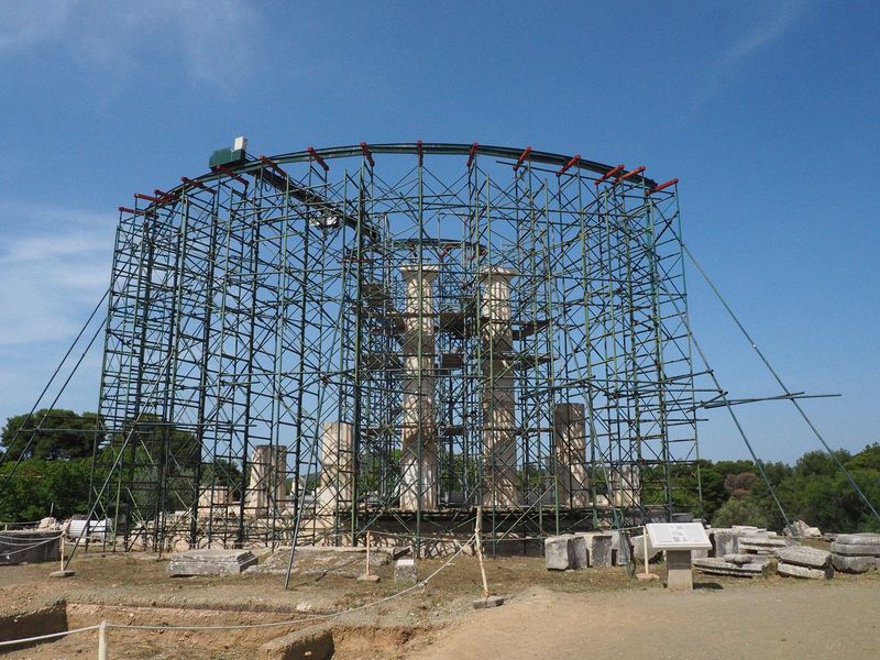 The round Tholos is covered by scaffolding