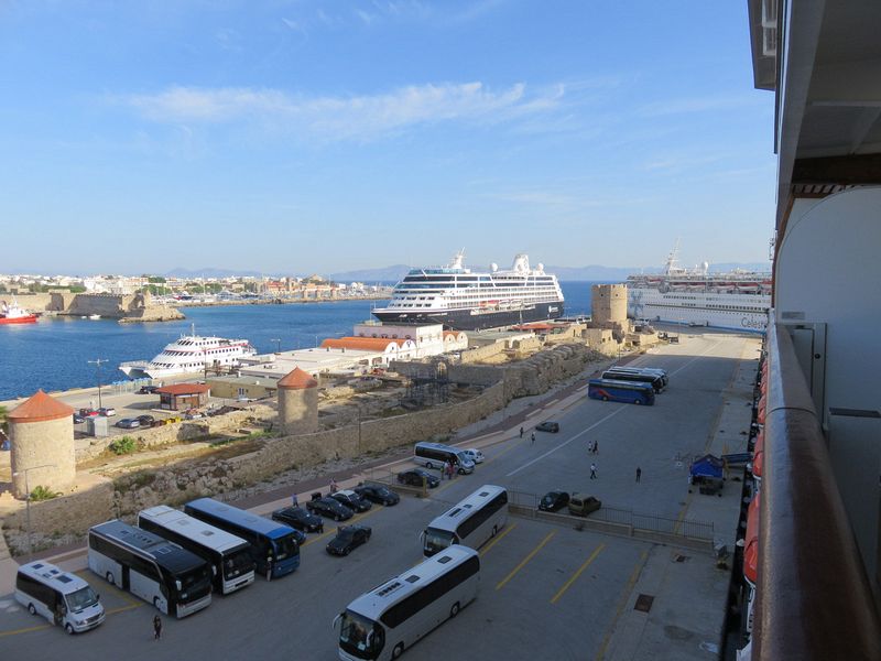 The tour buses are ready as we arrive in Rhodes