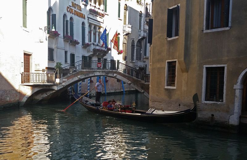 A gondola goes by our hotel