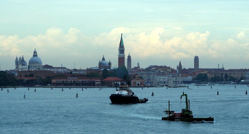 The skyline is getting fancier as we approach Venice proper