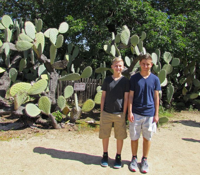 Nicholas and Andrew next to some huge cacti on the grounds of the mission