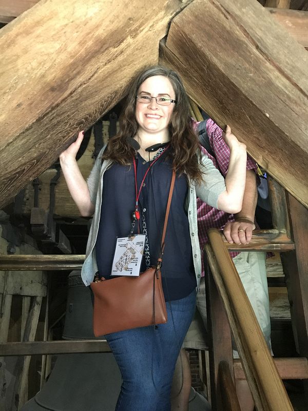 Jessica climbing down from the bell tower