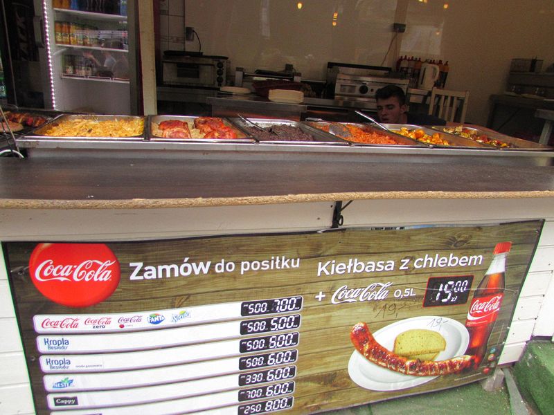 Polish sausage, bread, and Coke for 19.00 zlotys