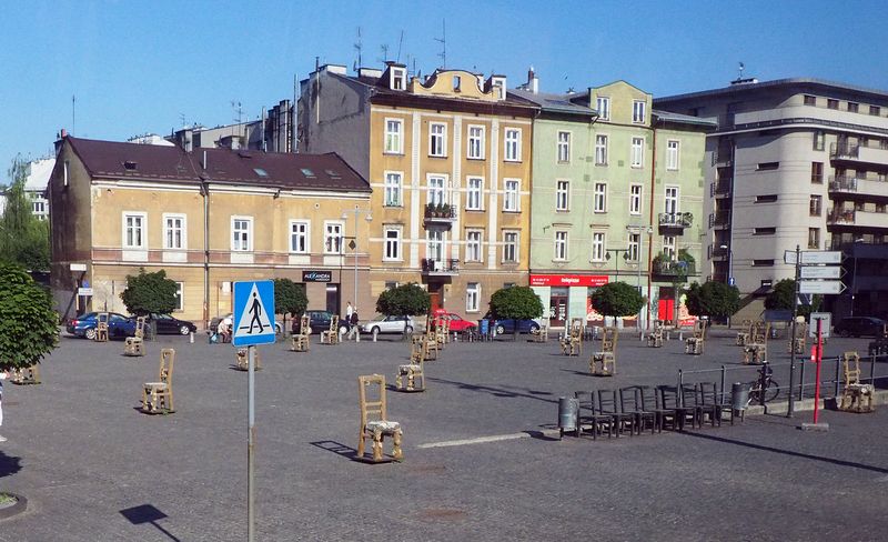 The chairs are a memorial monument for the murdered Jews of the Podgorze Ghetto in Krakow