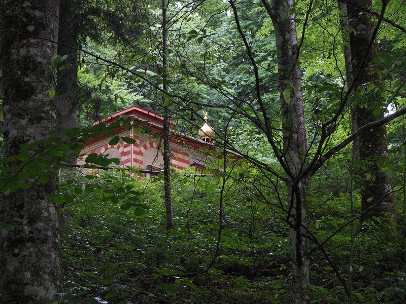 A glimpse of the King's Moroccan House amidst the trees