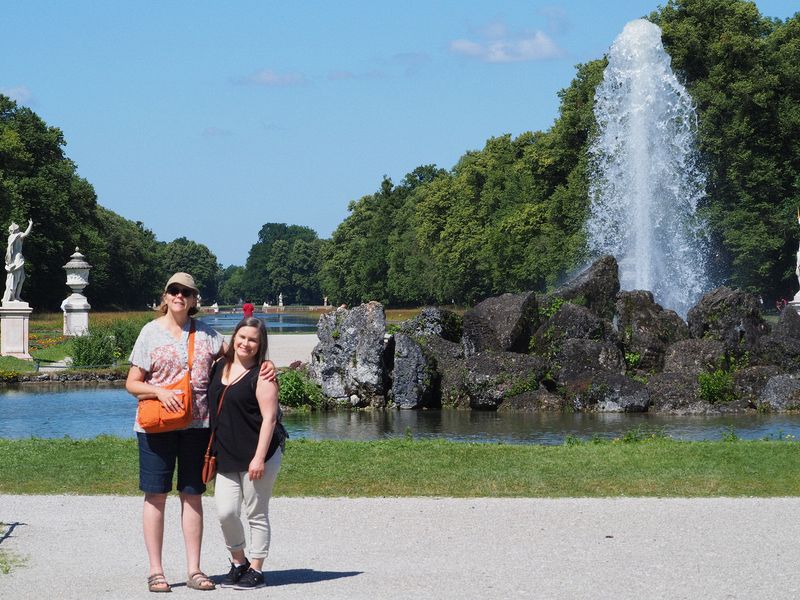 June and Jessica at the central fountain