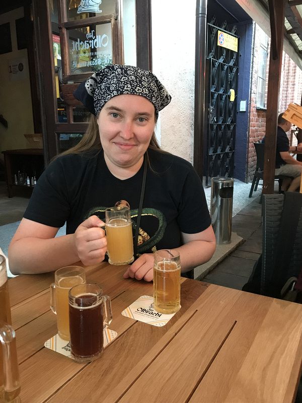 Amanda enjoying a flight of different beers