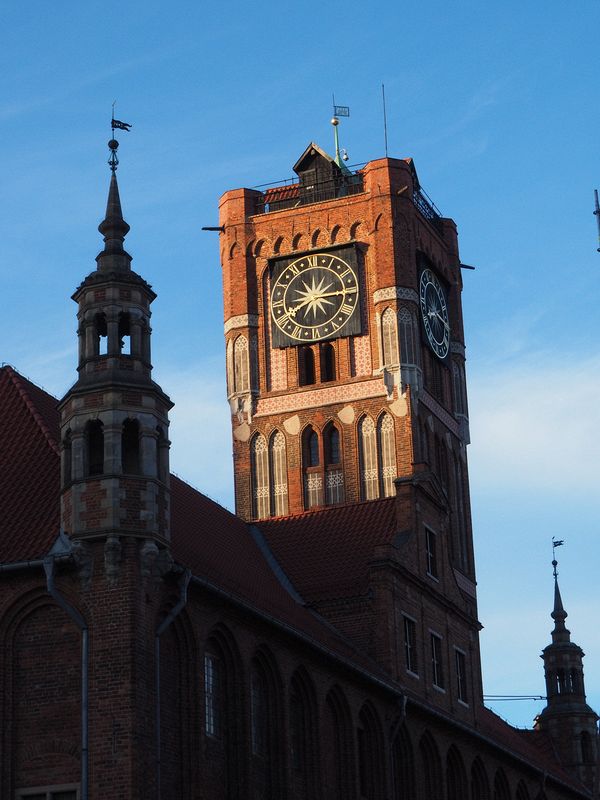 City Hall clock tower at sunset