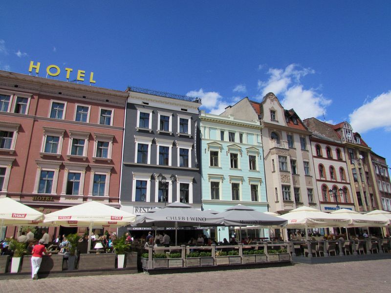 Outdoor cafes line the main square