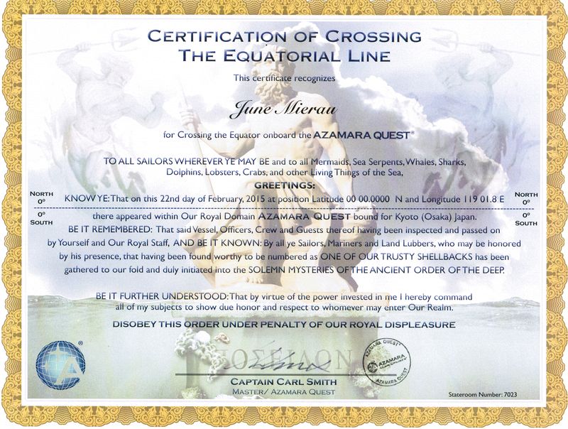 June's certification of crossing the equiatorial line