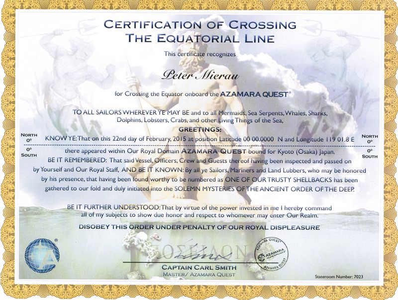 Pete's certification of crossing the equiatorial line