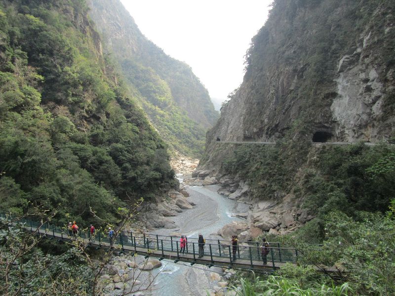 Hikers on a suspension bridge