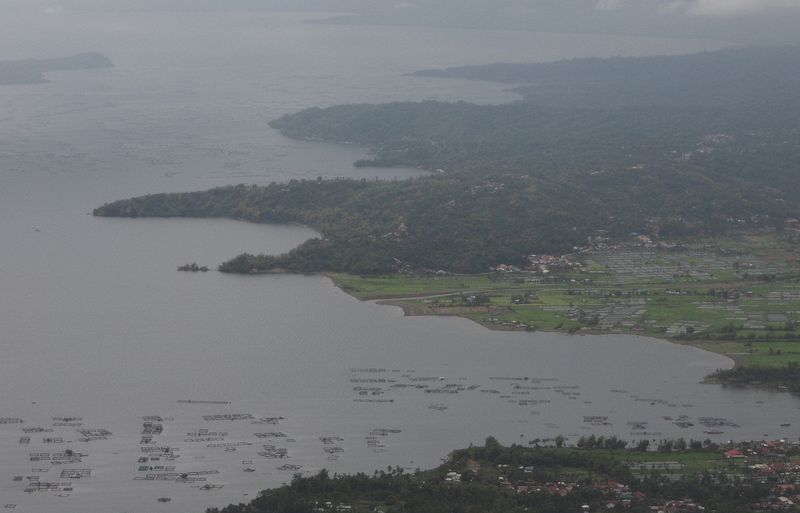 Fish farms in the lake of the caldera