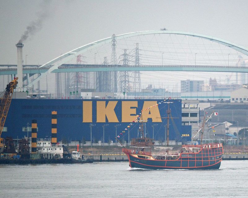 A replica of Christopher Columbus's Santa Maria goes past IKEA