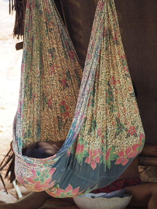 A baby sleeps in a hammock