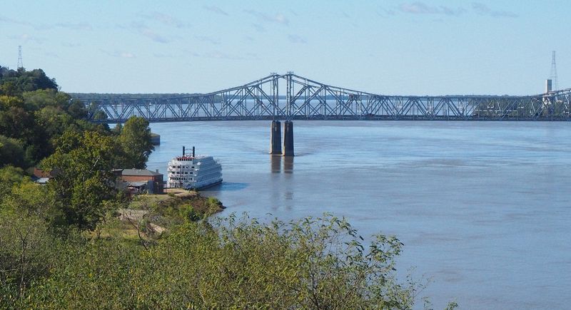 Our riverboat docked near the bridge