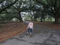 June in a funny pose next to huge oak trees