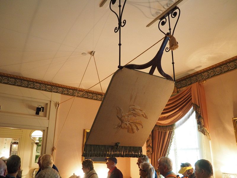 A fan above the dining room table