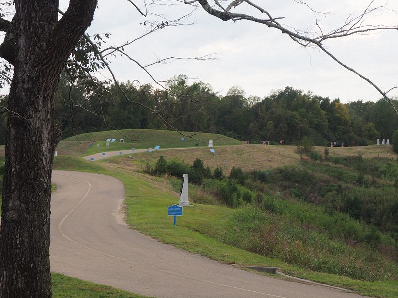 The blue signs mark the Union approach to the Confederate dirt fort