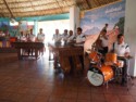 A marimba band welcomes us