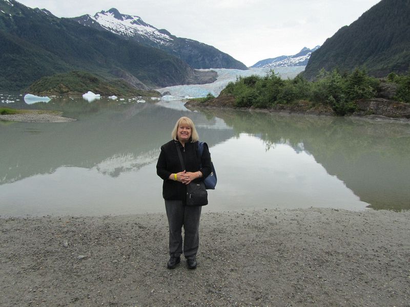 Linda on the beach for the glacier runoff