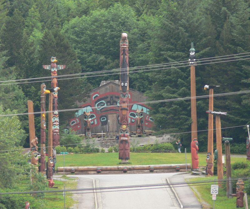 We pass totem poles on shore