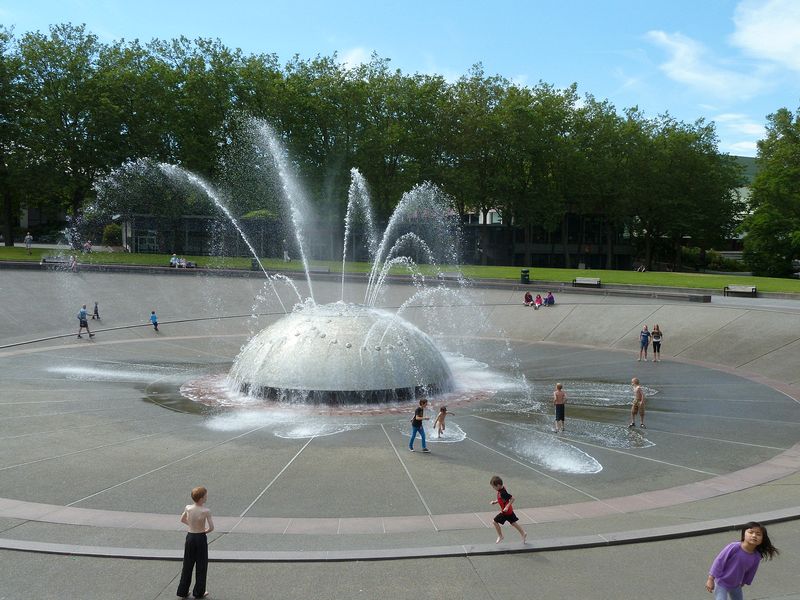 Kids playing in a fountain