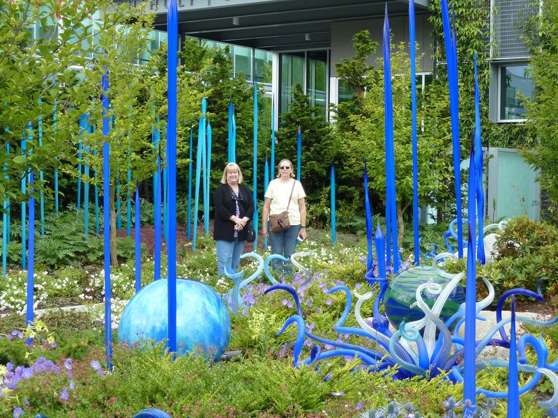 Linda and June amongst the blue glass