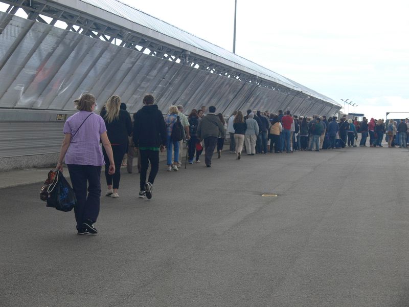 The line waiting to get back on the ship after our first day in Russia