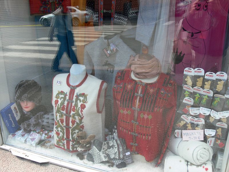 Store window with traditional Finnish clothing