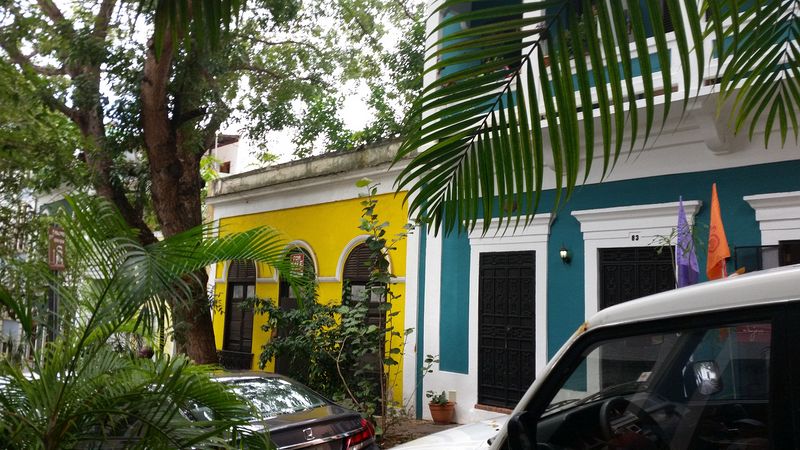 Colorful buildings line the street