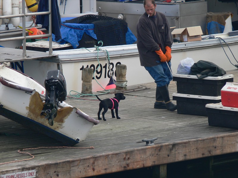 A fisherman with his puppy