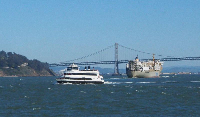 Alcatraz boat and a large cargo ship