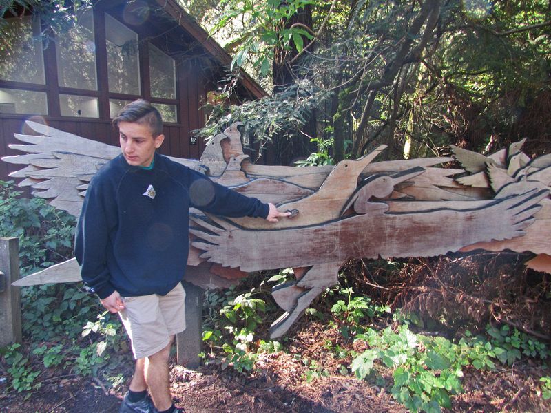 Andrew points to a sculpture at Muir Woods