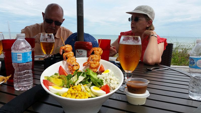 Pete, June, and shrimp skewers for lunch