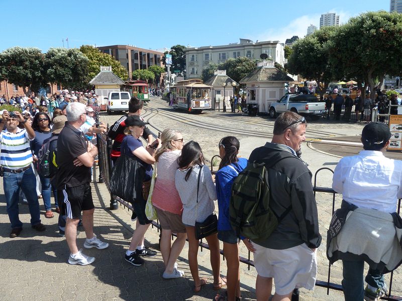 A long line waiting for the cable cars