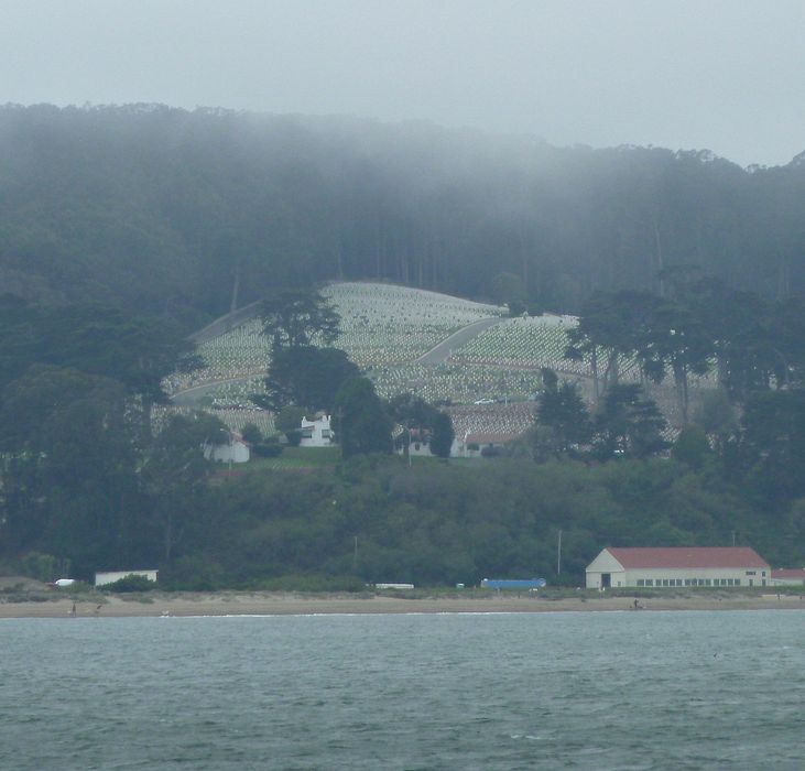 Military cemetery in the fog at the Presidio