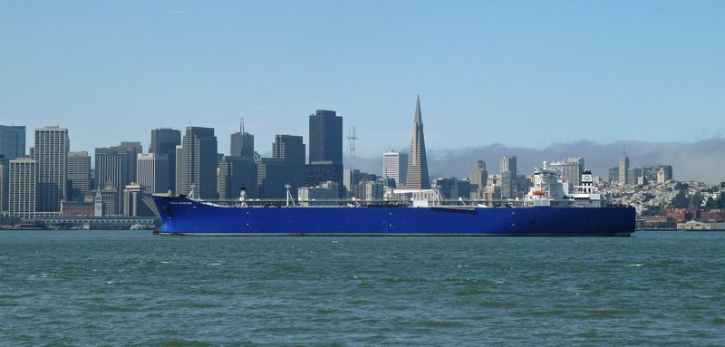 A tanker goes past San Francisco