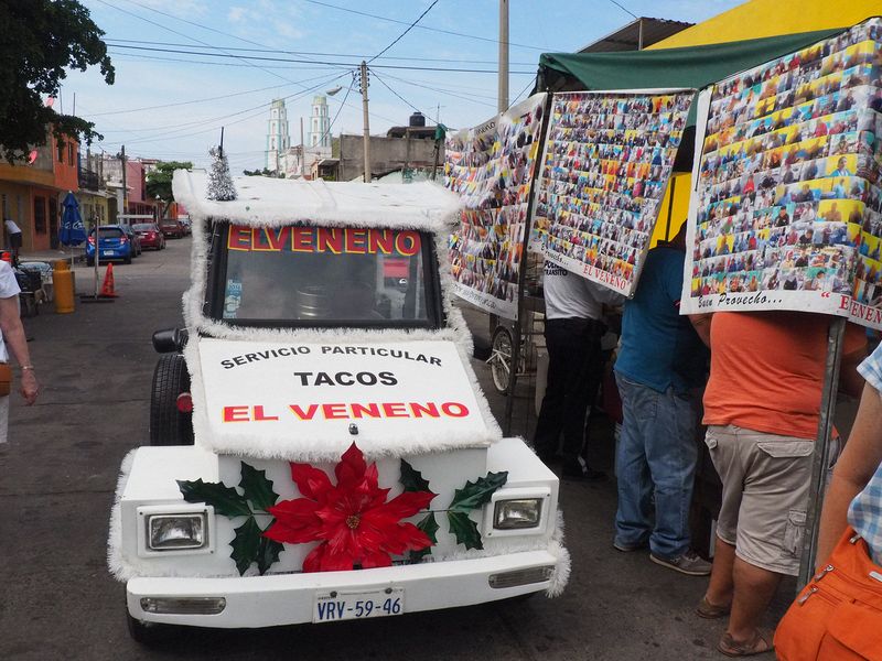 The Tacos El Veneno vehicle is decorated for Christmas