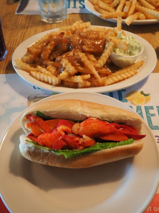 Lobster roll, fries with gravy, and cole slaw at Goobies Big Stop