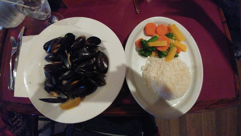 Mussels, rice, and veggies in St Pierre