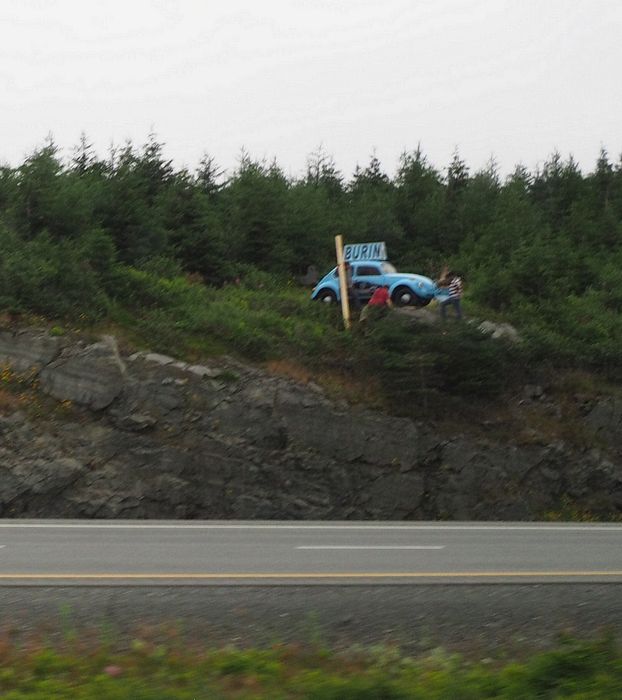 Eloise's cousin Tom put an old Volkswagen bug along the highway to advertise Burin