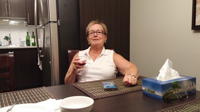 Donna relaxes with some wine