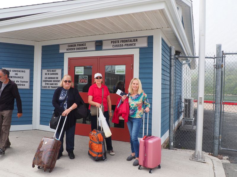 Linda, June, and Eloise at the border crossing to France