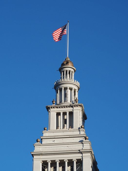 American flag on the Ferry Building clock tower